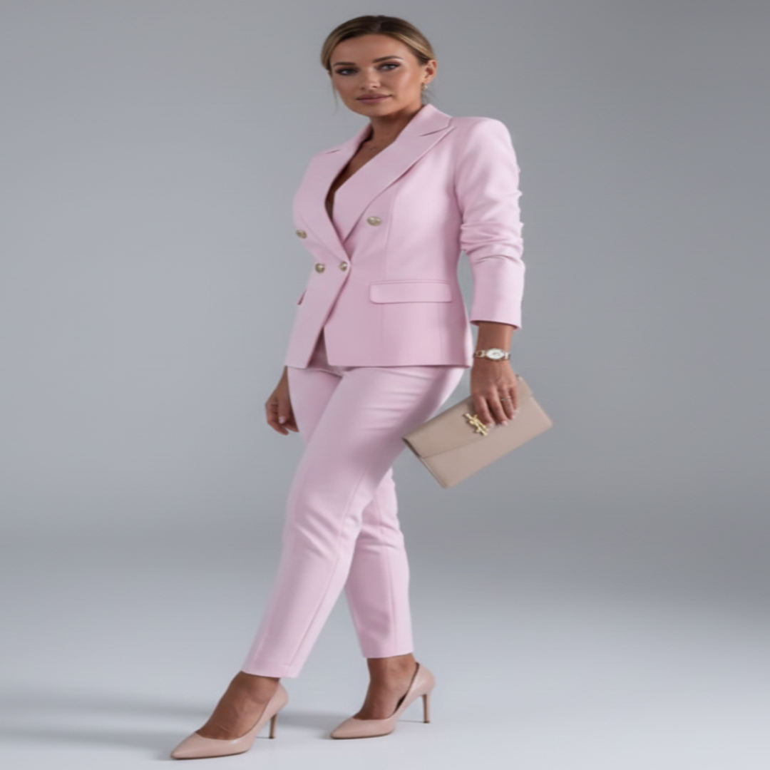 Elegant ladies' matching separates: double-breasted jacket & trousers. Versatile co-ord set.