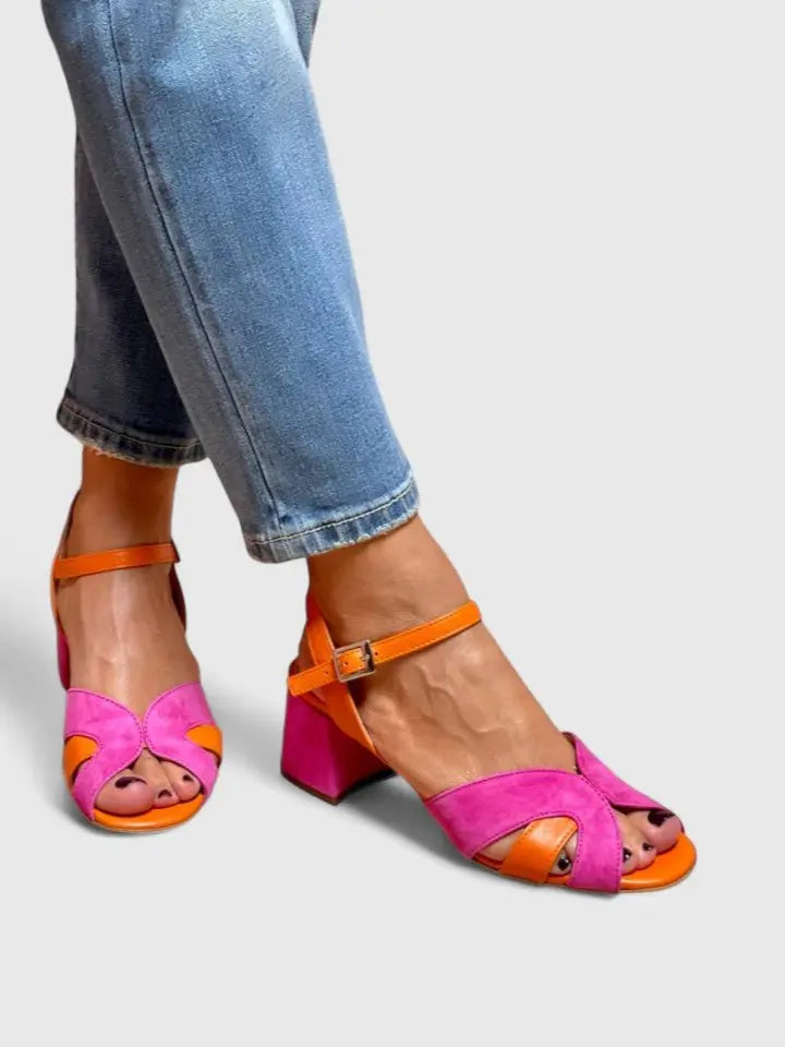 Vibrant women's block heel sandals with secure ankle strap & orthopedic support for casual summer fashion.