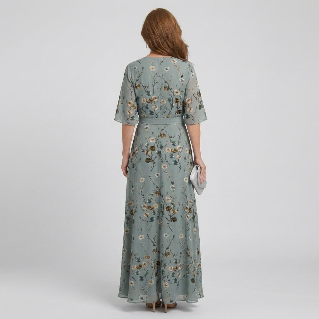 Sage green sleeveless floral maxi dress with halter top, relaxed fit for women's casual summer fashion.