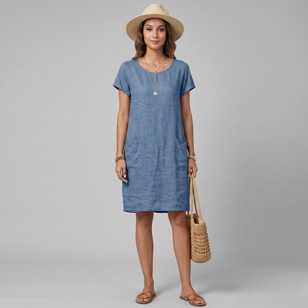 Women's short sleeve mini dress with practical front pockets, perfect for casual summer everyday wear. Comfortable shift style.