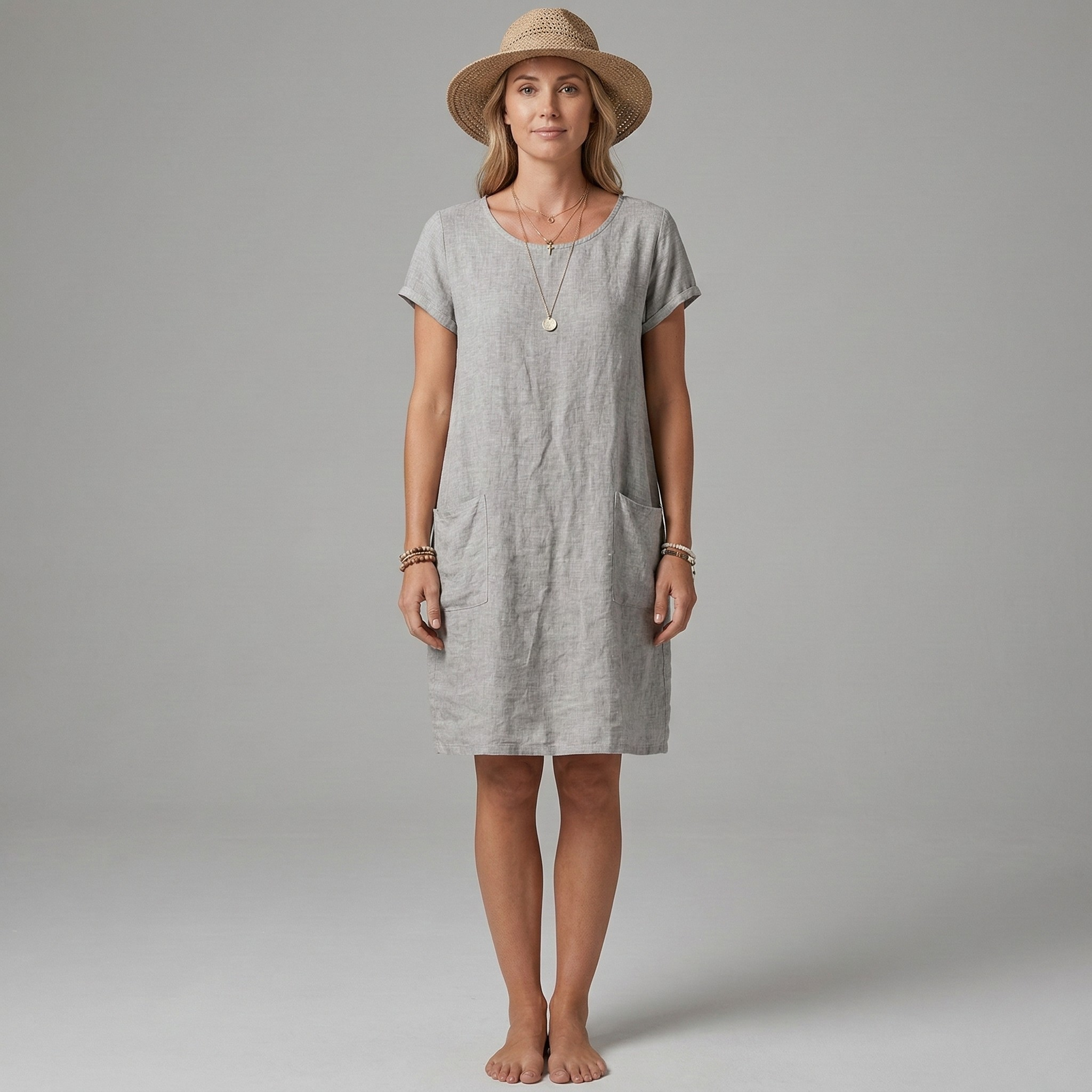 Comfortable women's short sleeve mini dress, perfect for summer. Features useful front pockets and a relaxed casual fit.