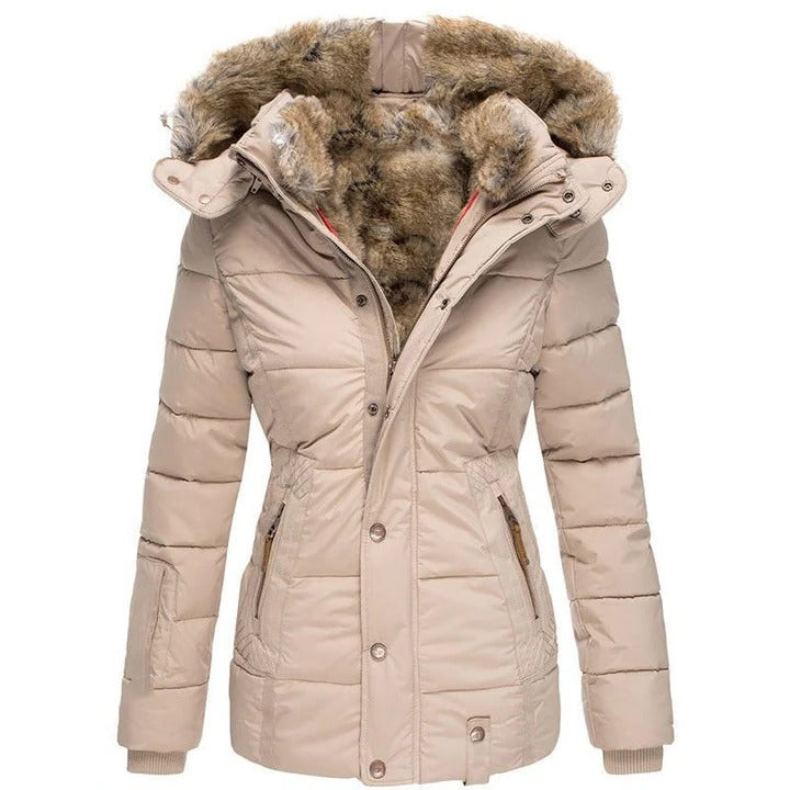 Moisture-Repelling Hooded Coat with Detachable Hood and Snap Button Closure