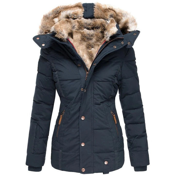 Moisture-Repelling Hooded Coat with Detachable Hood and Snap Button Closure