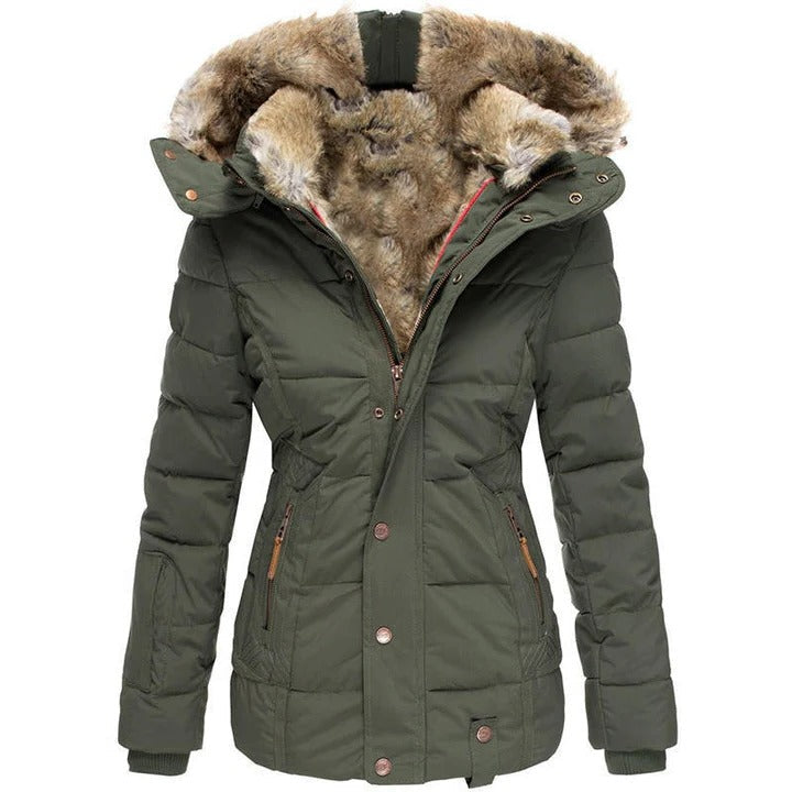 Moisture-Repelling Hooded Coat with Detachable Hood and Snap Button Closure