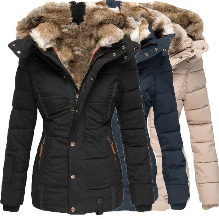 Moisture-Repelling Hooded Coat with Detachable Hood and Snap Button Closure