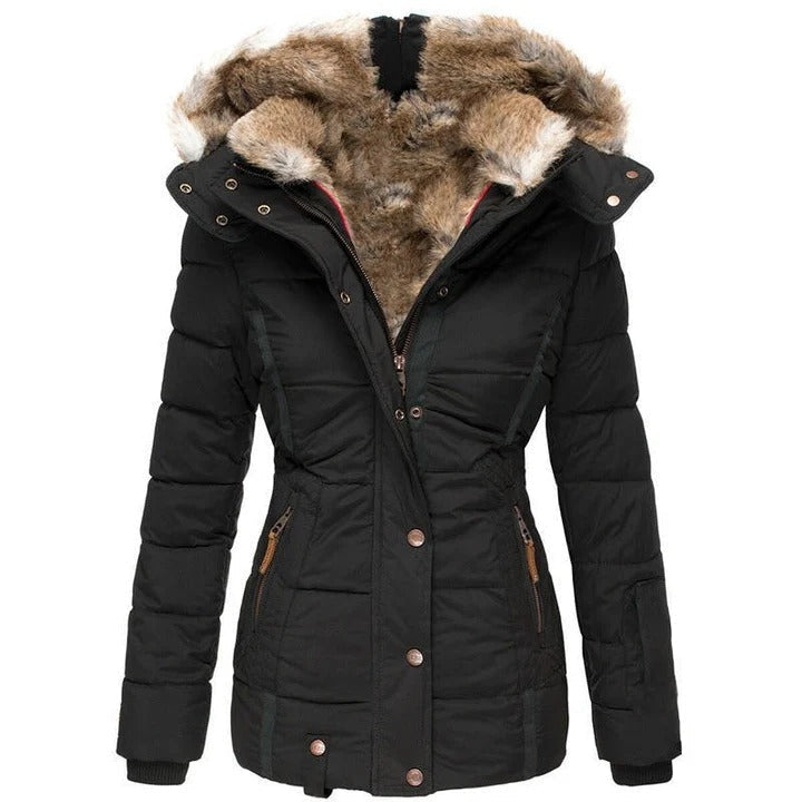 Moisture-Repelling Hooded Coat with Detachable Hood and Snap Button Closure