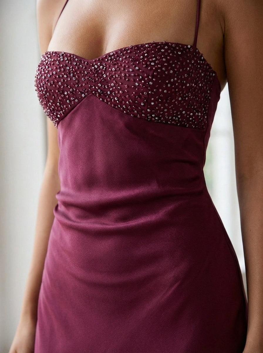 Women's Maxi Dress Halter Beaded Twist Front Lace-Up Back