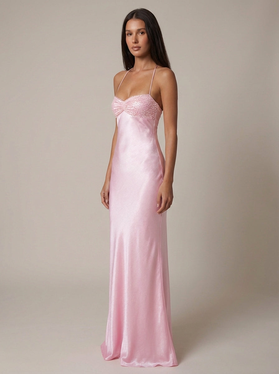 Women's Maxi Dress Halter Beaded Twist Front Lace-Up Back