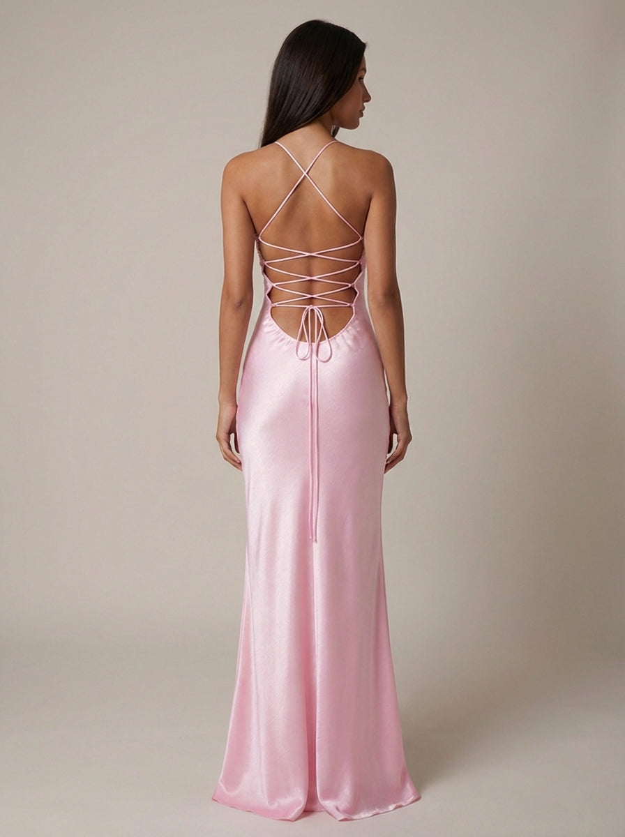 Women's Maxi Dress Halter Beaded Twist Front Lace-Up Back