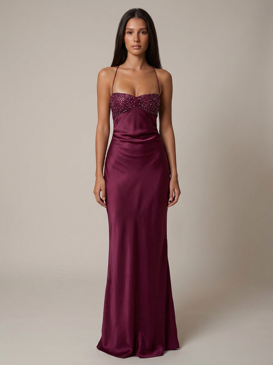 Women's Maxi Dress Halter Beaded Twist Front Lace-Up Back