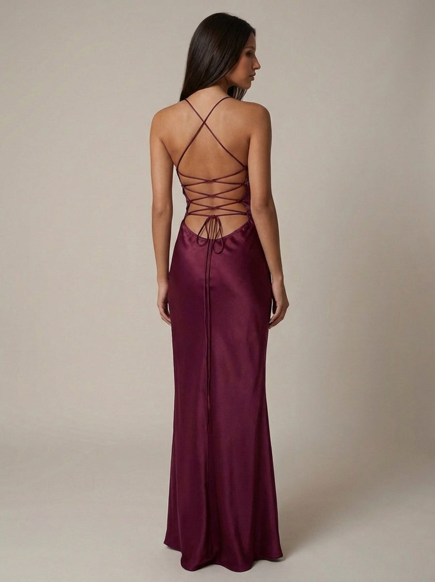 Women's Maxi Dress Halter Beaded Twist Front Lace-Up Back