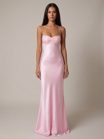 Women's Maxi Dress Halter Beaded Twist Front Lace-Up Back