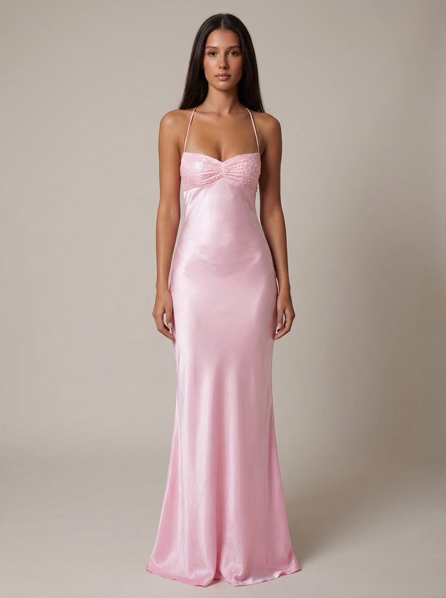 Women's Maxi Dress Halter Beaded Twist Front Lace-Up Back