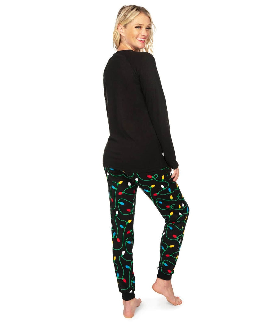 Women's Holiday Pajama Set with Fairy Light Print and Graphic Top, Elastic Waist