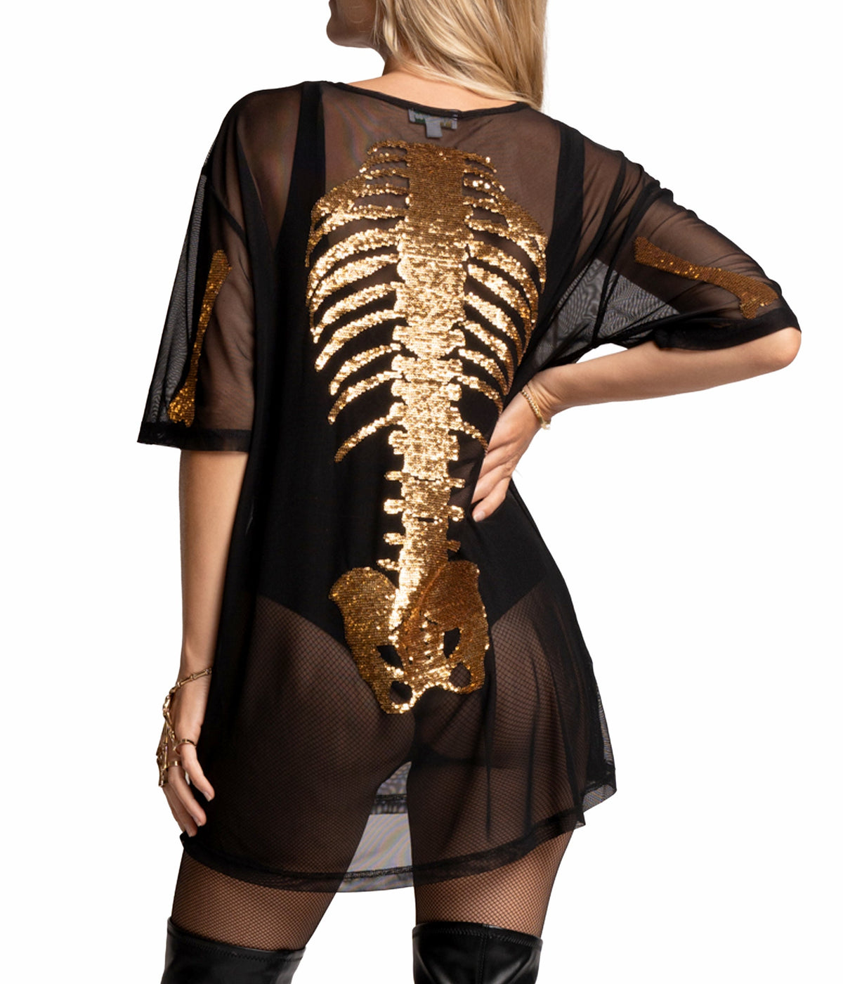 Oversized Mesh Dress with Gold Skeleton Print for Halloween Parties