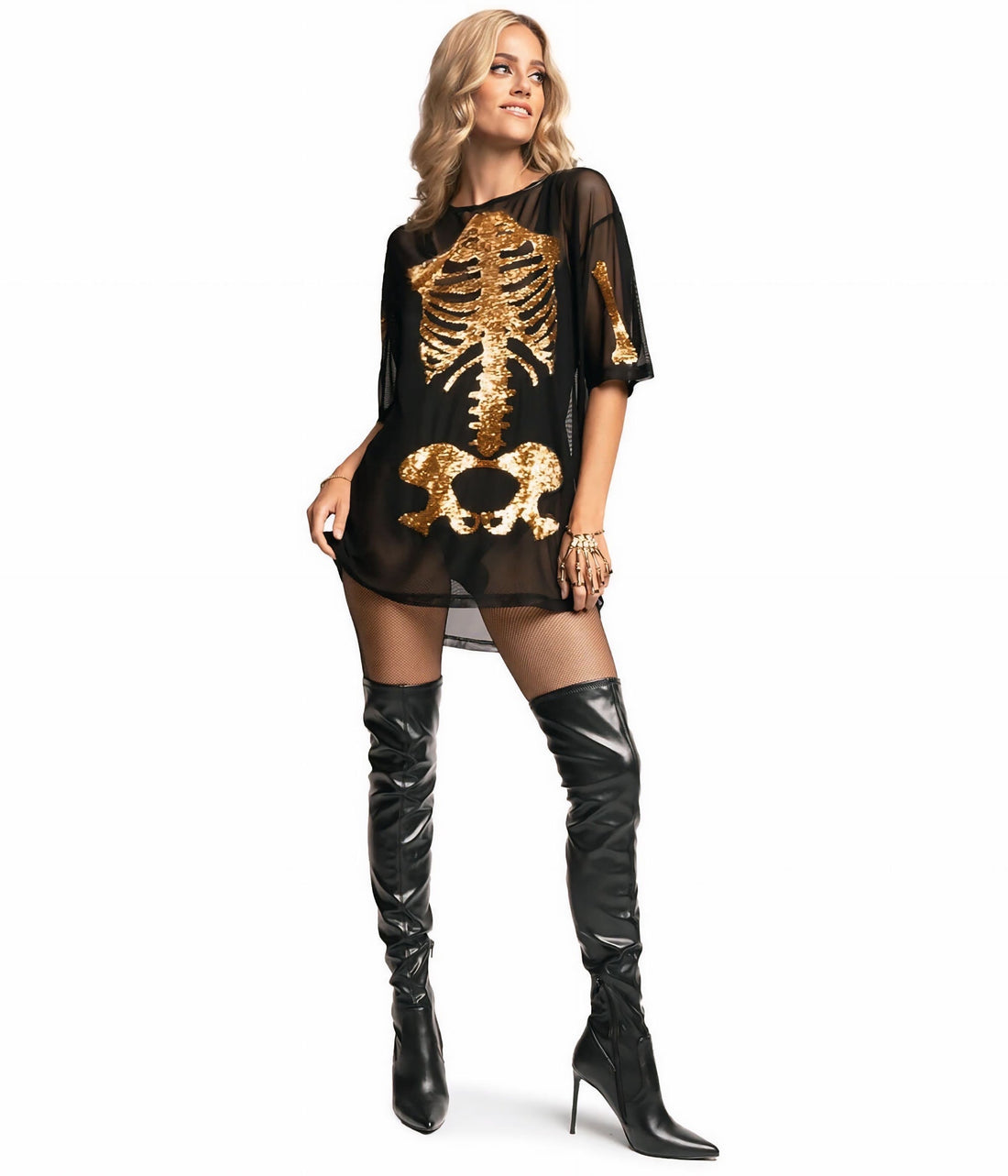 Oversized Mesh Dress with Gold Skeleton Print for Halloween Parties