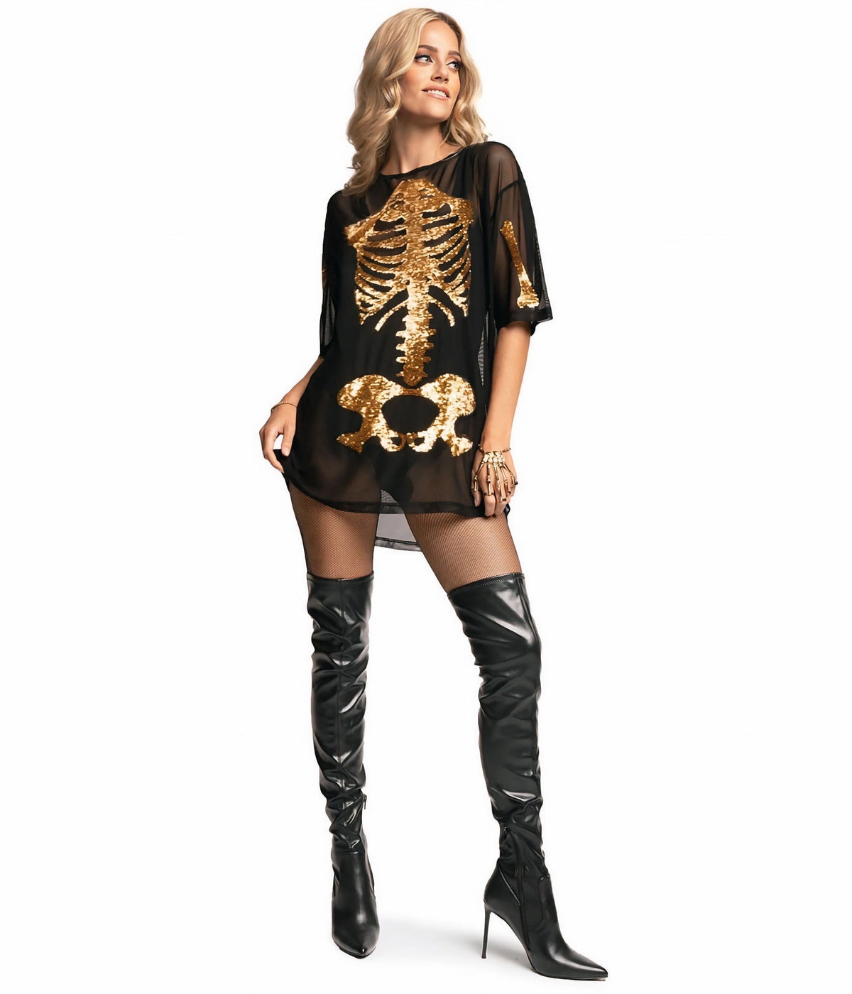 Oversized Mesh Dress with Gold Skeleton Print for Halloween Parties