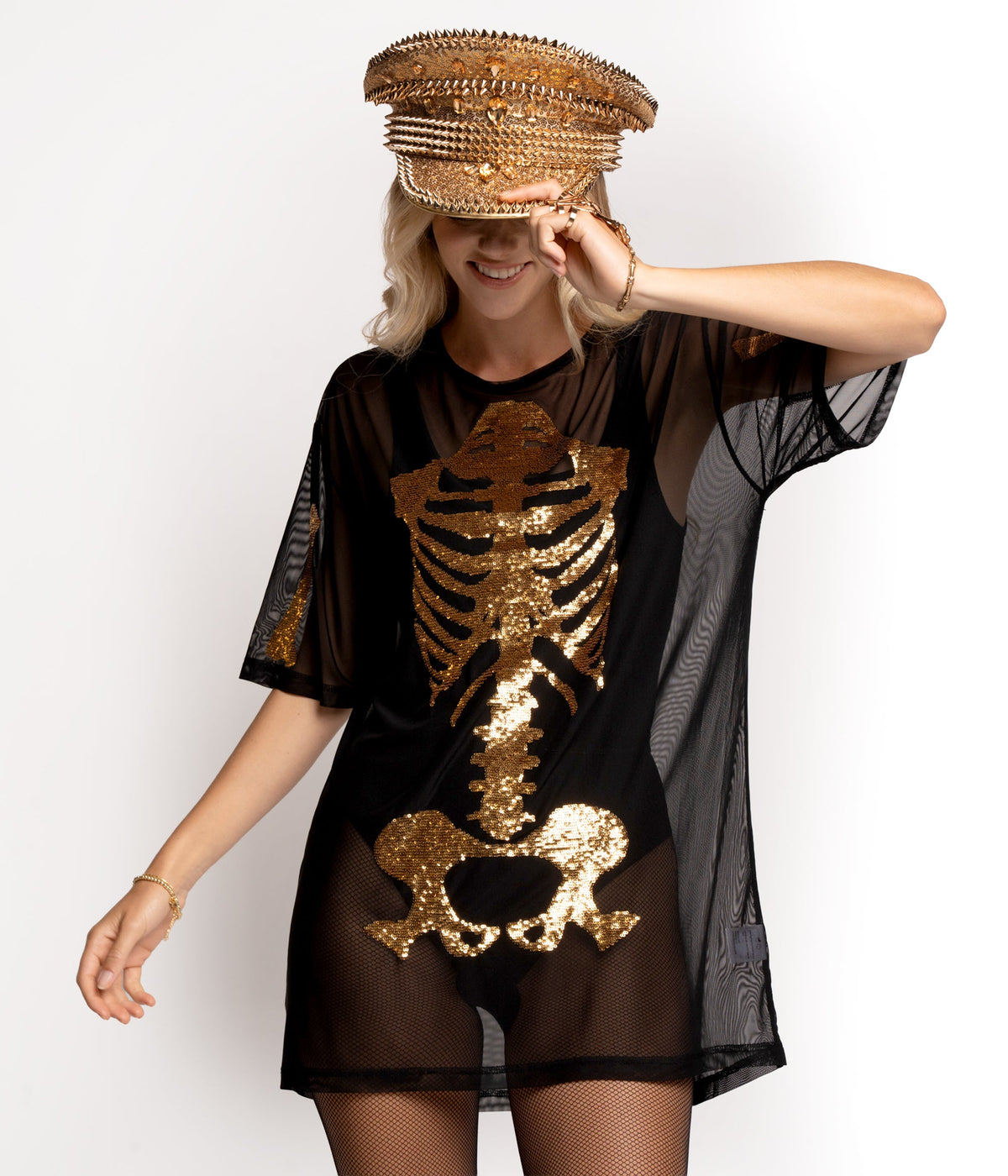 Oversized Mesh Dress with Gold Skeleton Print for Halloween Parties
