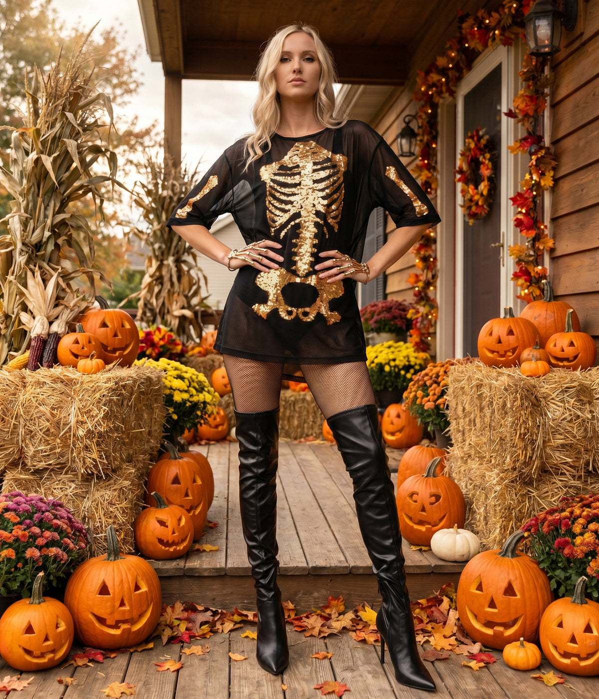 Oversized Mesh Dress with Gold Skeleton Print for Halloween Parties
