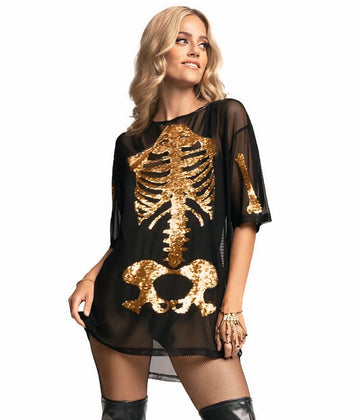 Oversized Mesh Dress with Gold Skeleton Print for Halloween Parties