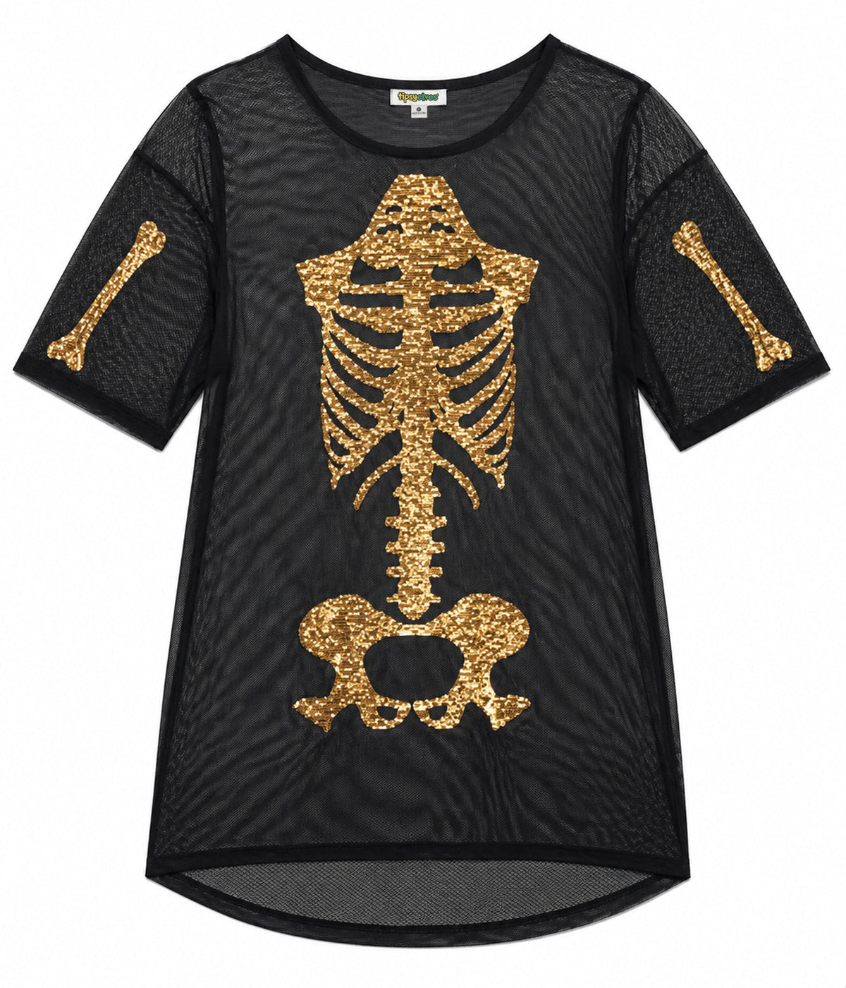 Oversized Mesh Dress with Gold Skeleton Print for Halloween Parties