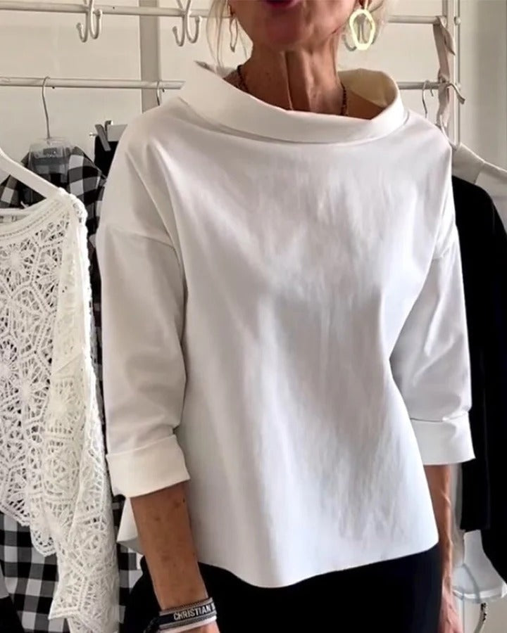 Pullover Top with High Collar and Three Quarter Sleeves, Relaxed Fit For Women