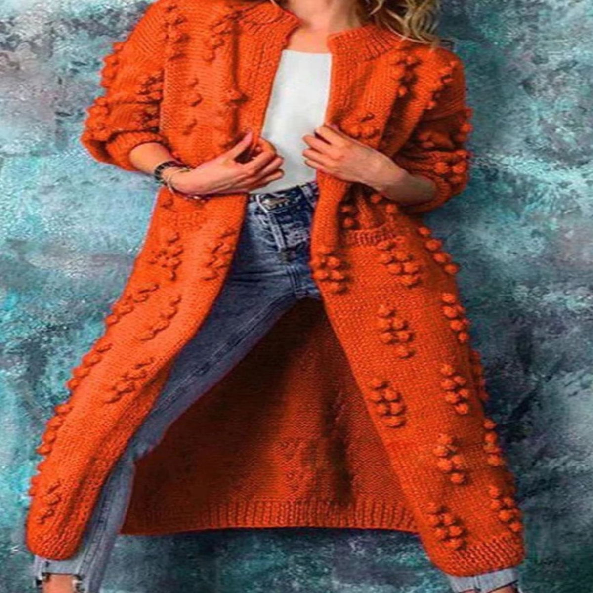 Women's Long Open-Front Pom-Pom Knitted Cardigan Sweater - Orange