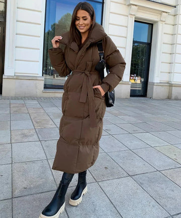 Long Quilted Puffer Coat with Adjustable Belt and High Stand Collar