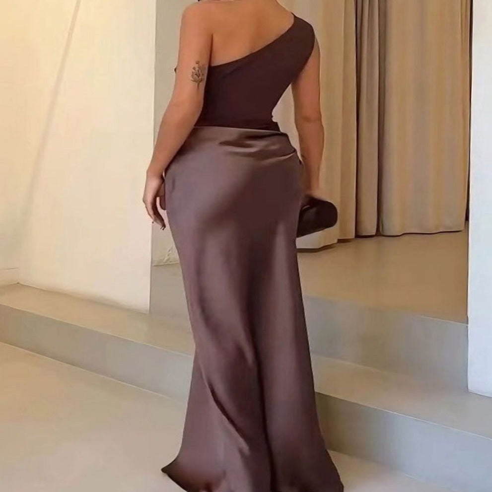 Women's One-Shoulder Ruched Satin Elegant Maxi Dress