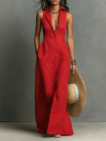 Women's Linen Maxi Dress Collared