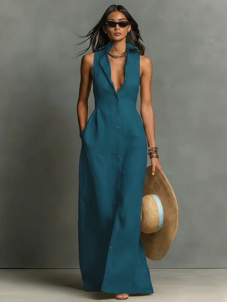 Women's Linen Maxi Dress Collared