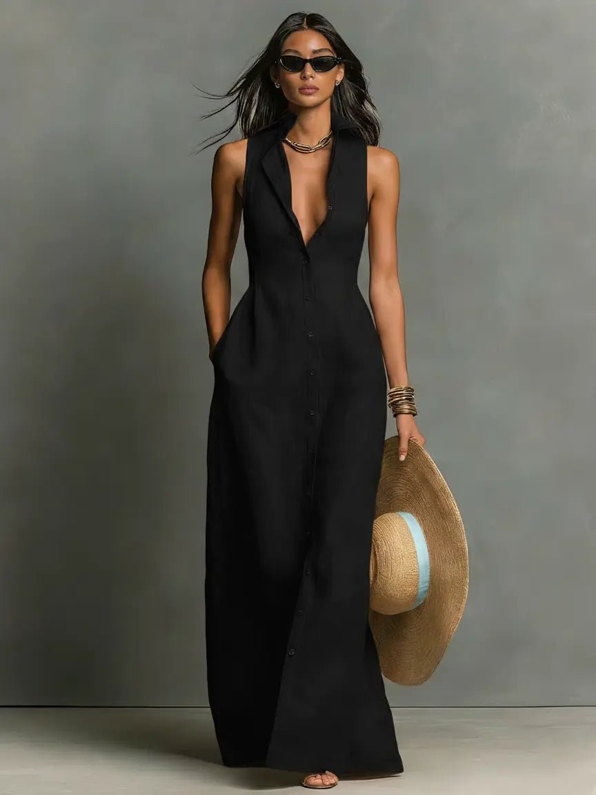Women's Linen Maxi Dress Collared