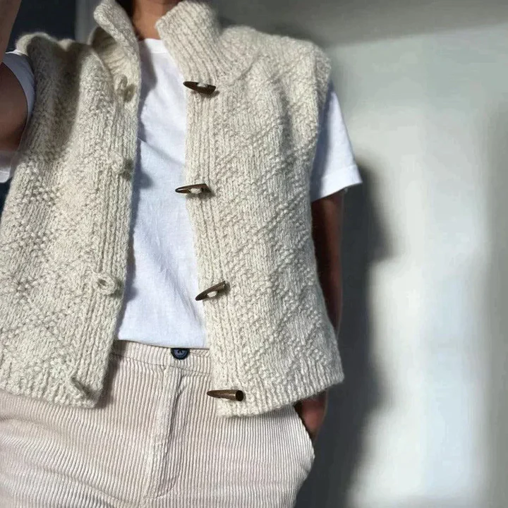 Beige Chunky Knit Vest with Wooden Toggle Buttons and Ribbed Collar