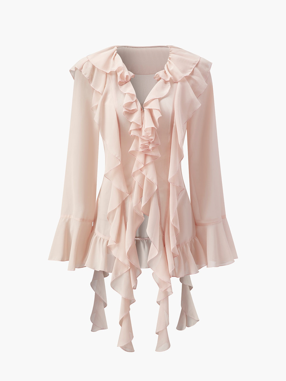 V-Neck Chiffon Blouse with Ruffled Trim and Long Sleeves for Layering