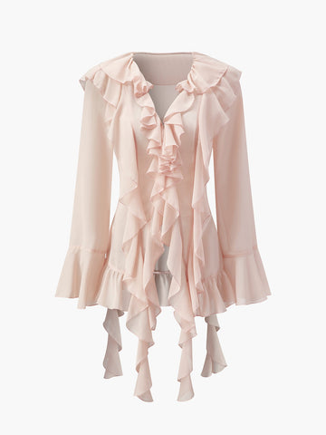 V-Neck Chiffon Blouse with Ruffled Trim and Long Sleeves for Layering