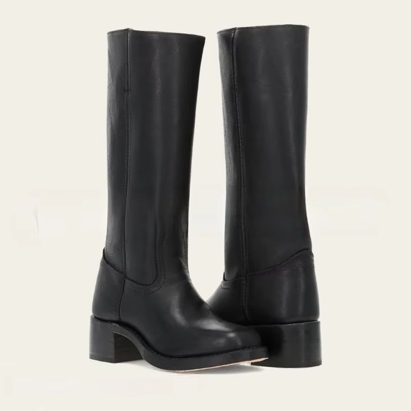 Wide Calf Knee High Boots with Round Toe and Pull On Design, 2.4 Inch Square Heel