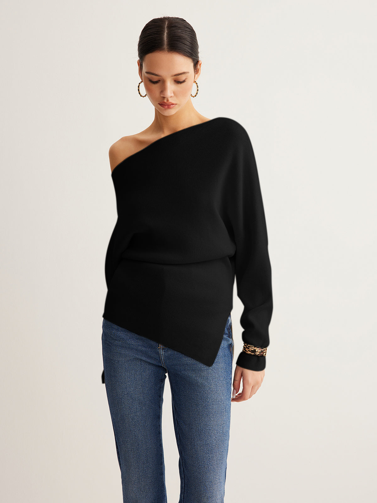 Pleated Pullover Sweater with Cold Shoulder Cutouts and Wool Blend