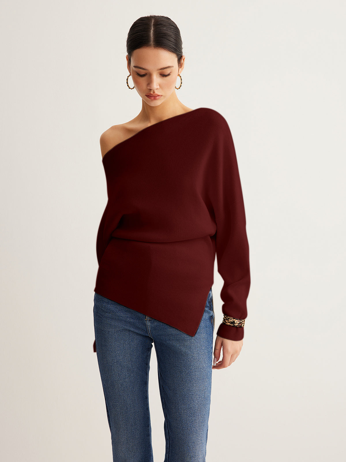 Pleated Pullover Sweater with Cold Shoulder Cutouts and Wool Blend