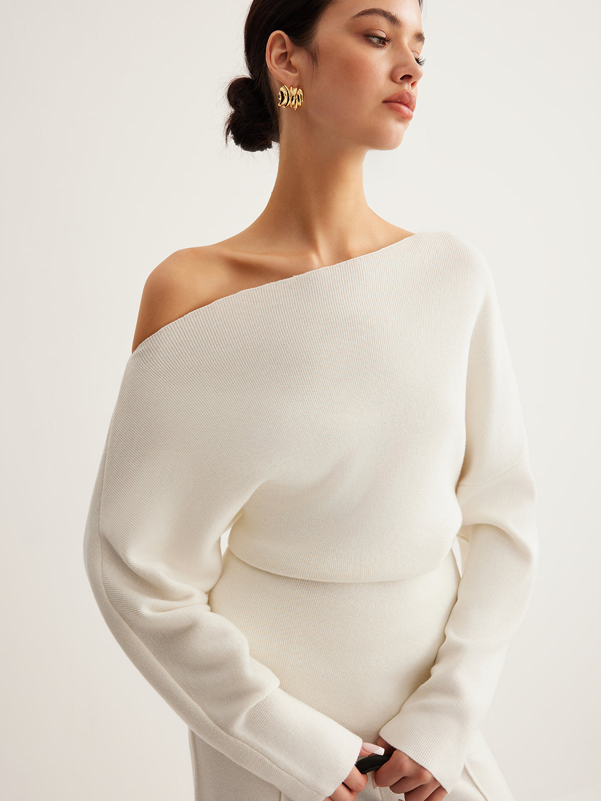 Pleated Pullover Sweater with Cold Shoulder Cutouts and Wool Blend