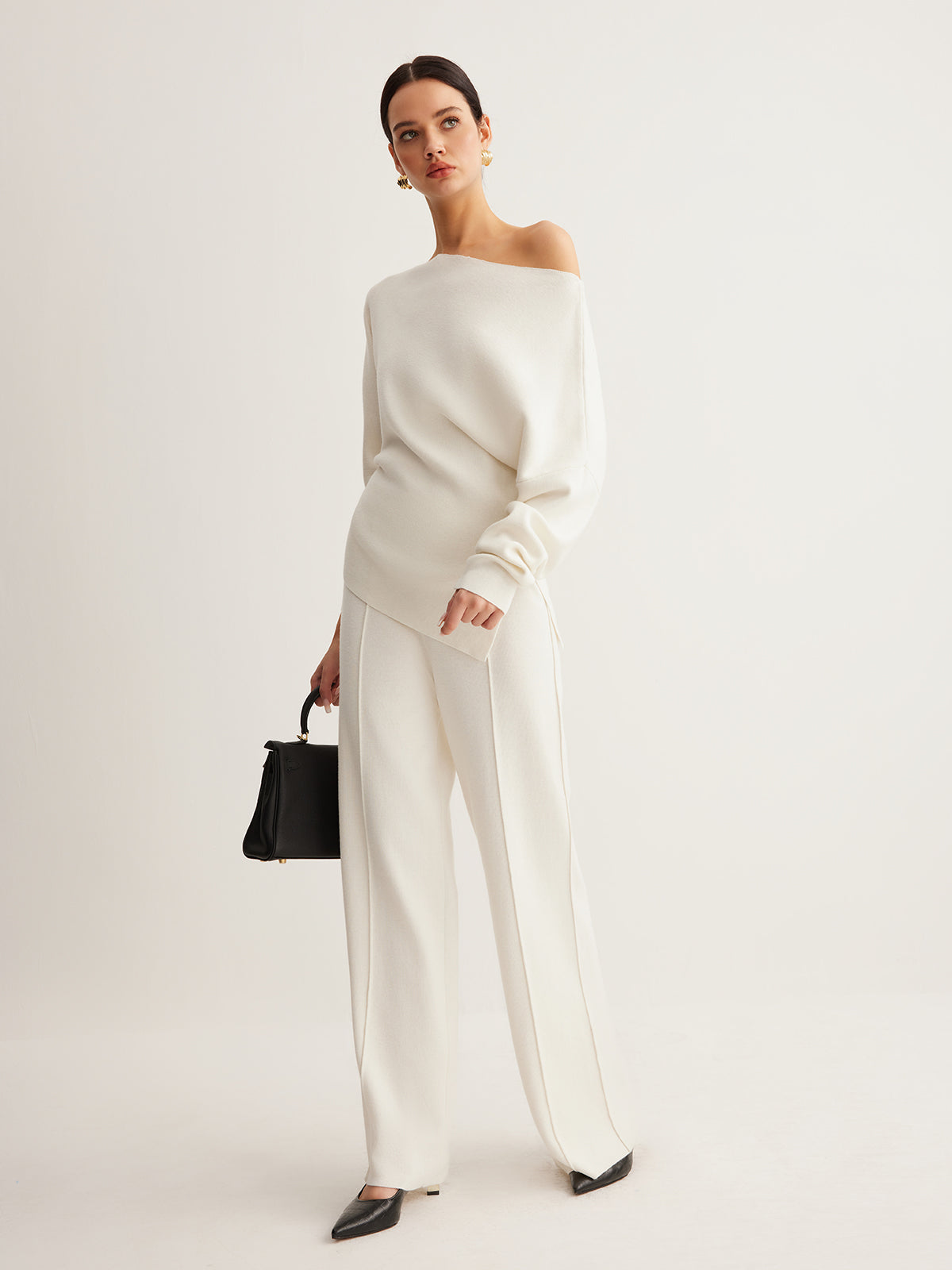Pleated Pullover Sweater with Cold Shoulder Cutouts and Wool Blend