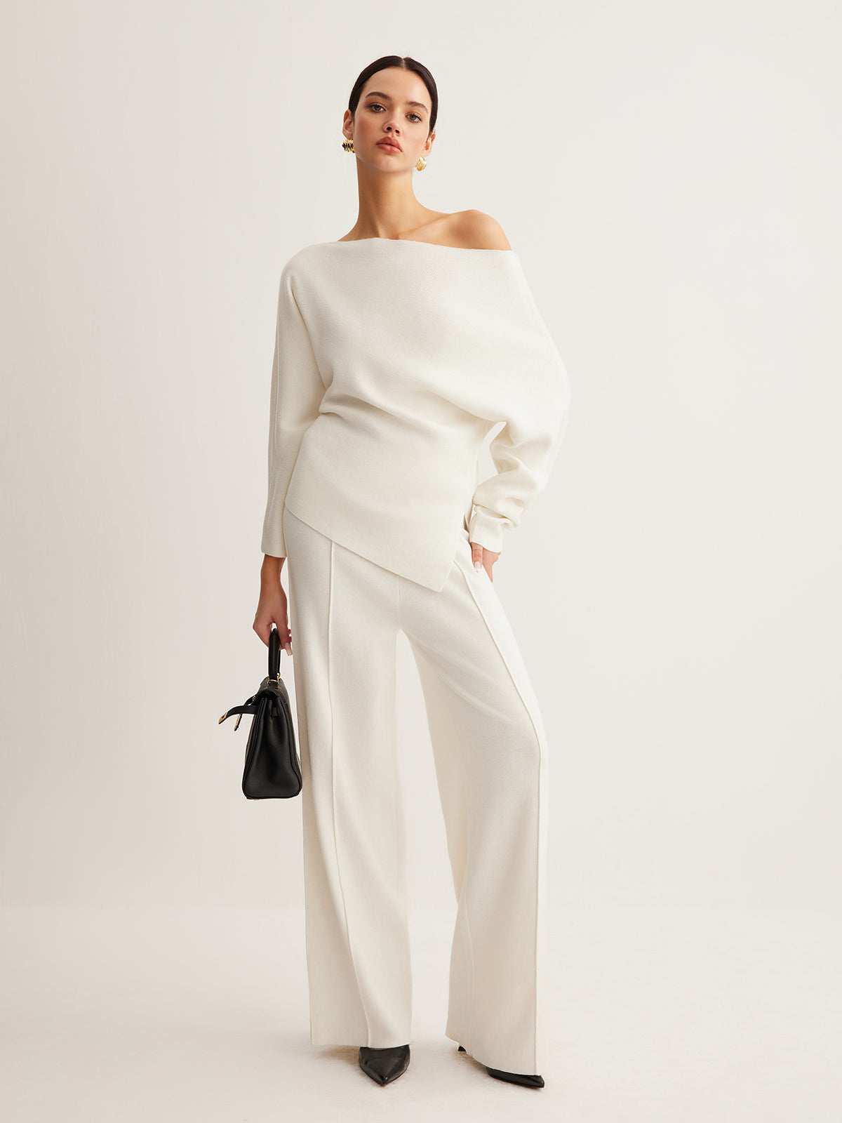 Pleated Pullover Sweater with Cold Shoulder Cutouts and Wool Blend