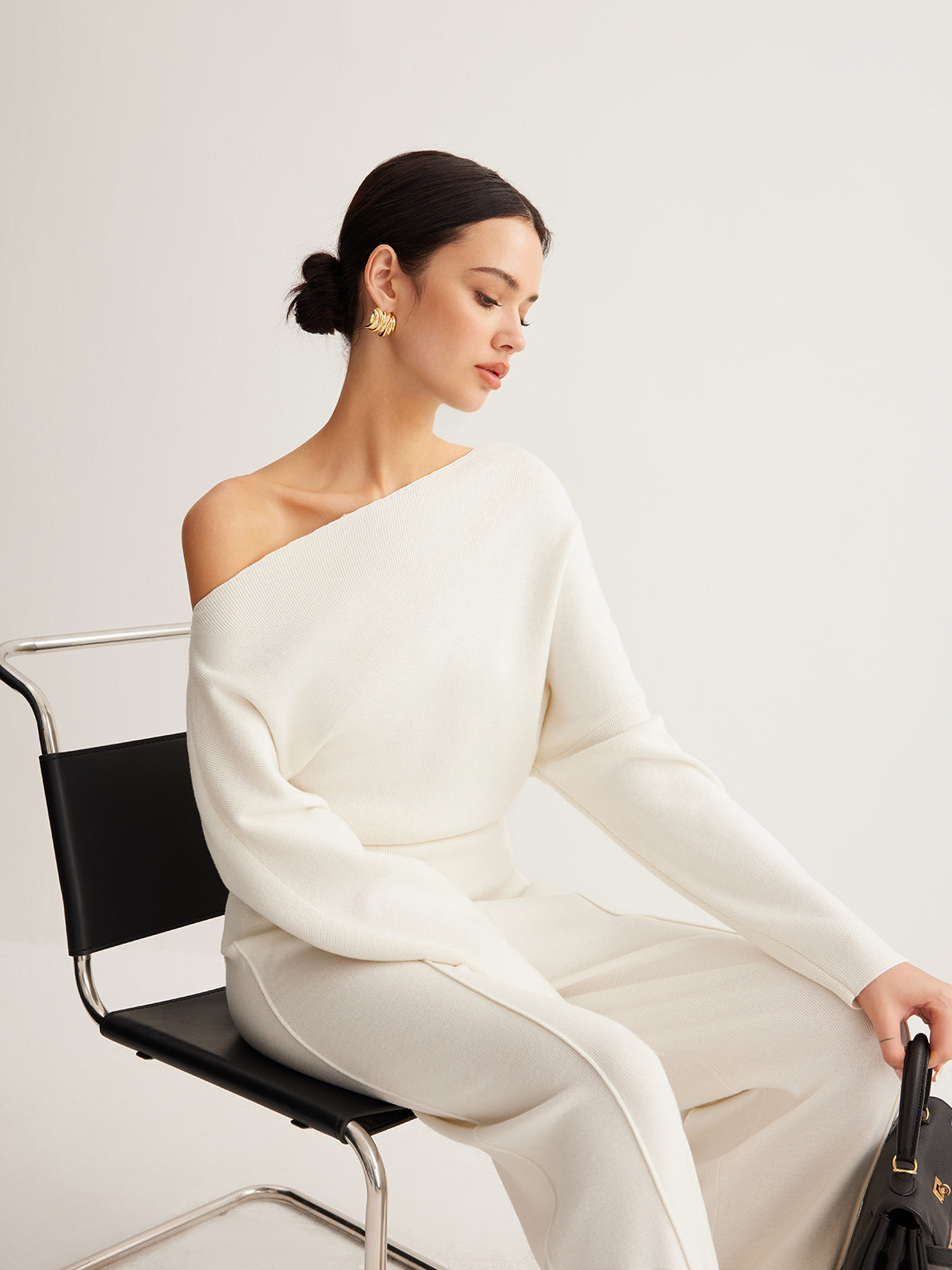 Pleated Pullover Sweater with Cold Shoulder Cutouts and Wool Blend