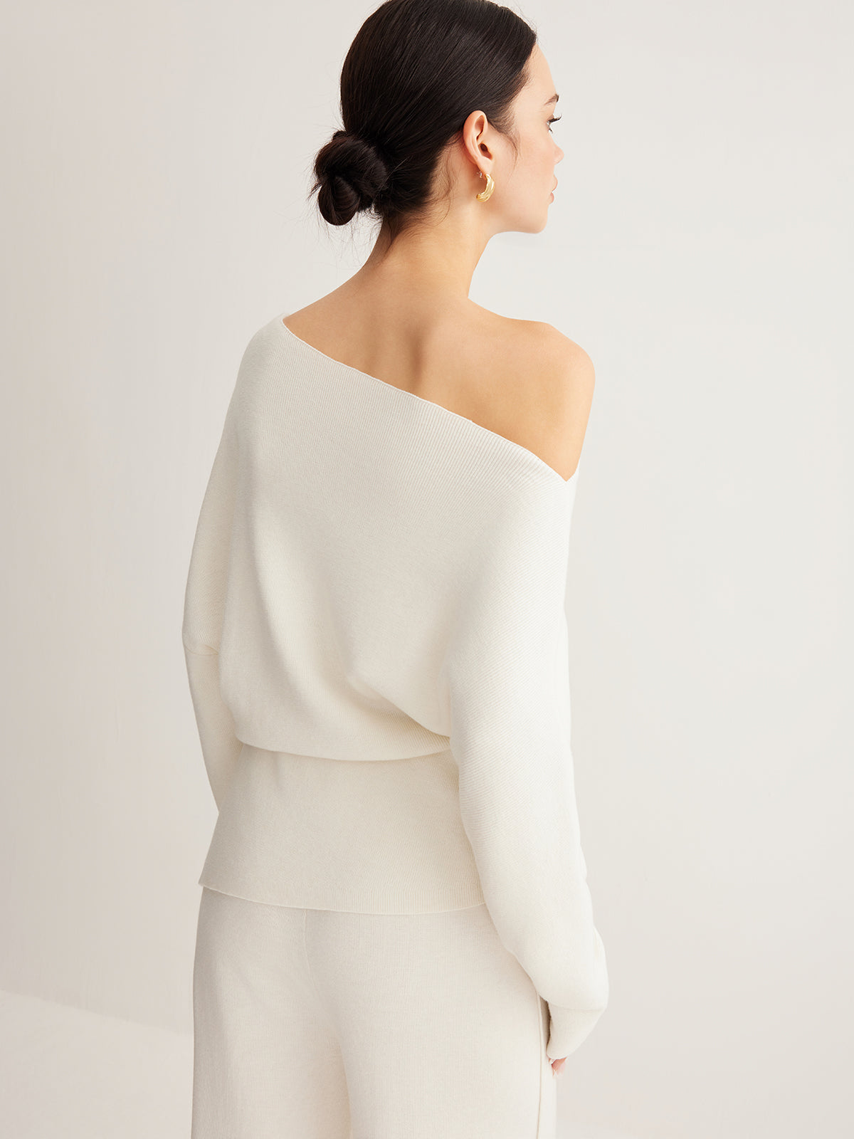 Pleated Pullover Sweater with Cold Shoulder Cutouts and Wool Blend