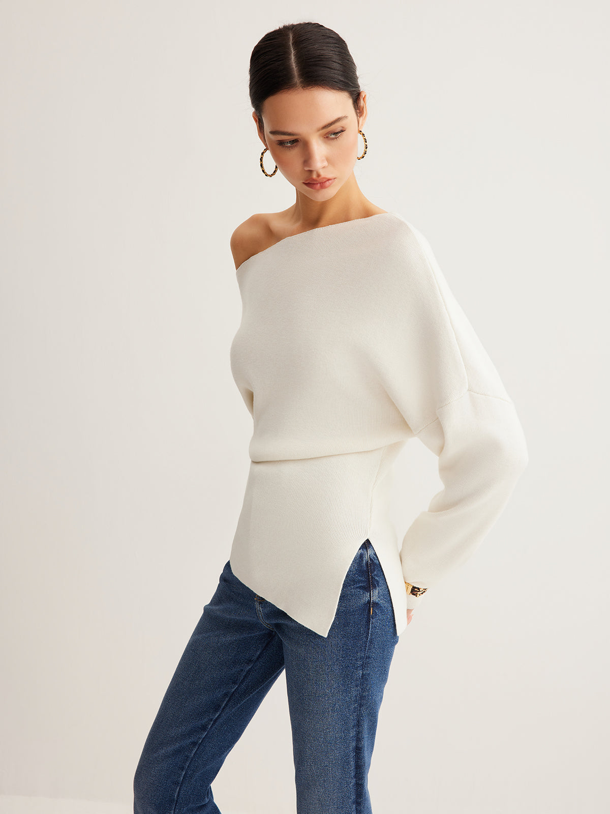 Pleated Pullover Sweater with Cold Shoulder Cutouts and Wool Blend