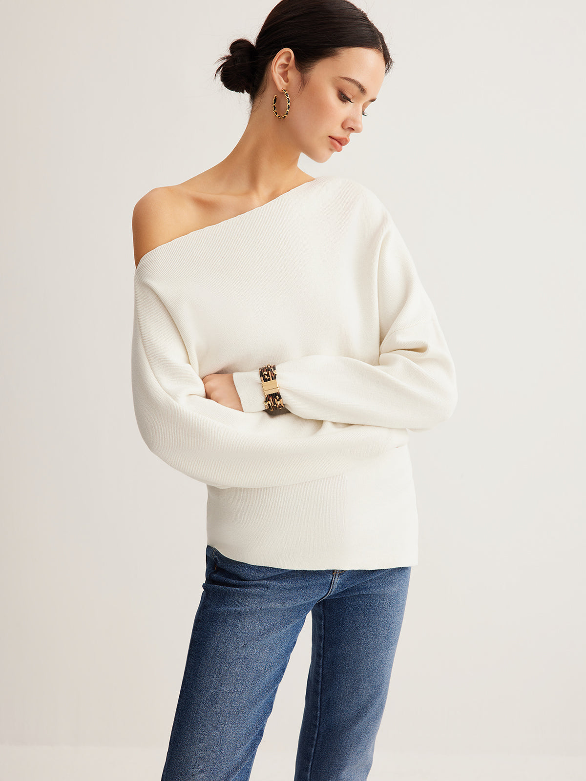 Pleated Pullover Sweater with Cold Shoulder Cutouts and Wool Blend
