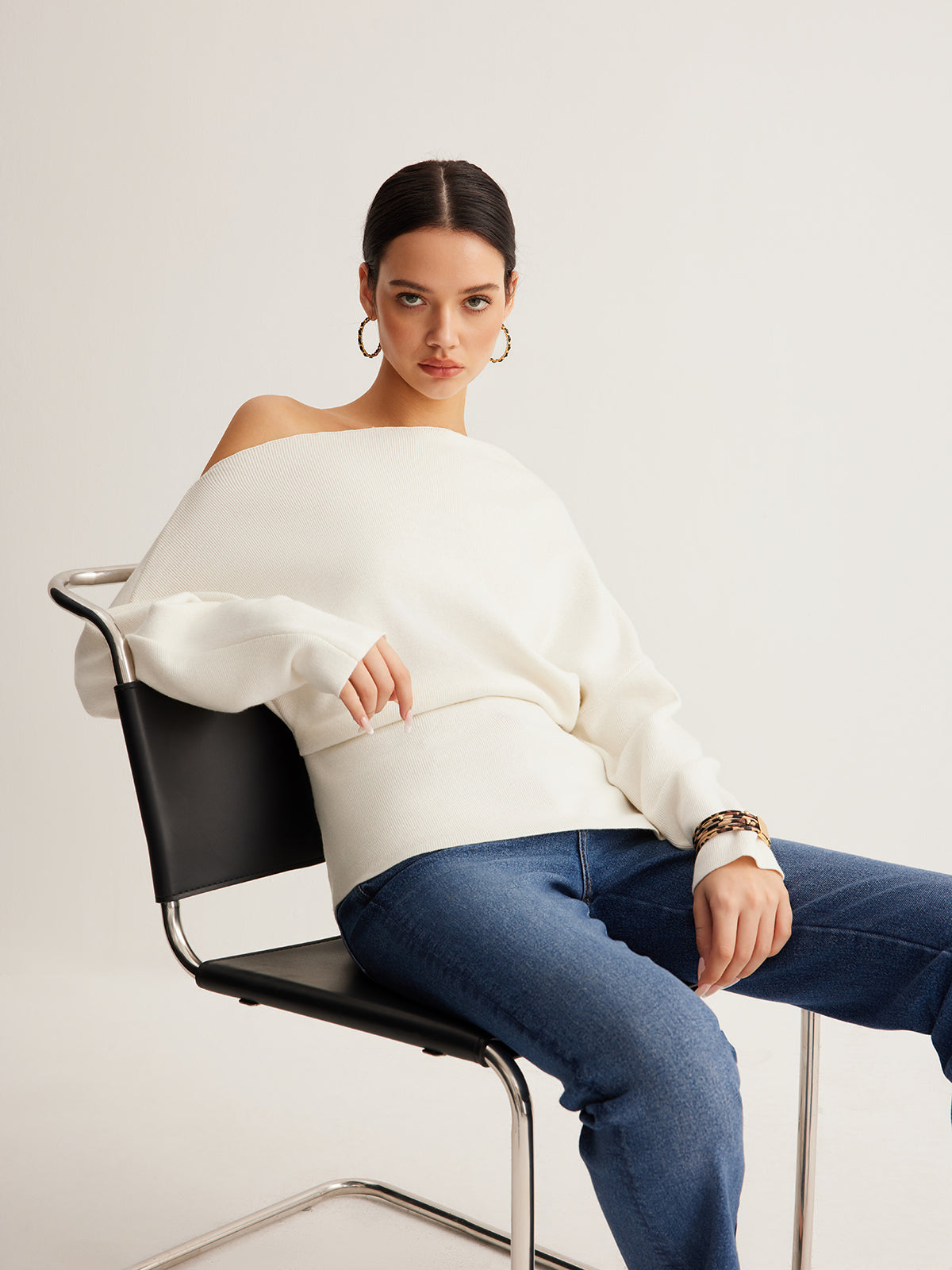 Pleated Pullover Sweater with Cold Shoulder Cutouts and Wool Blend