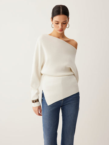 Pleated Pullover Sweater with Cold Shoulder Cutouts and Wool Blend