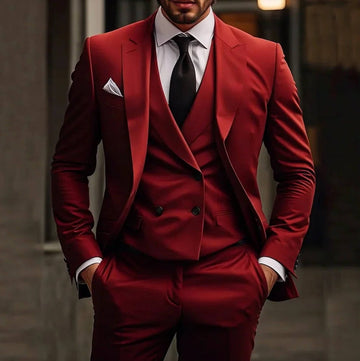 Three Piece Formal Suit with Stretch Shoulder Panels and Peak Lapels, Slim Fit