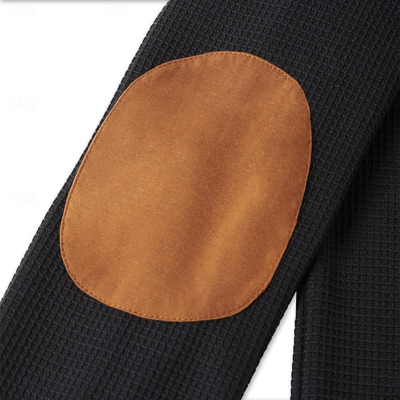 Textured Quarter Zip Pullover with Elbow Patches and Chest Pocket, Ribbed Cuffs