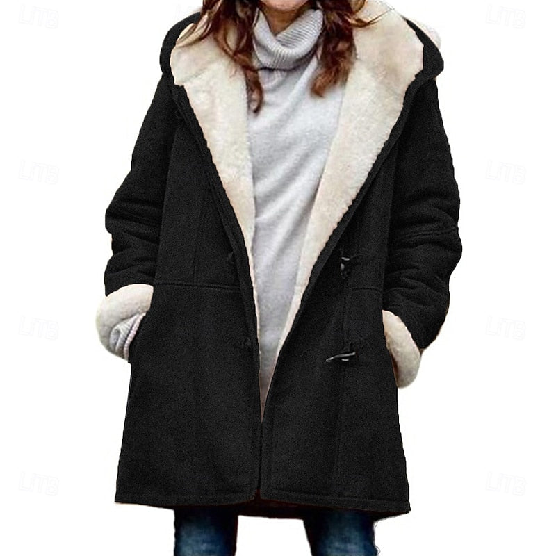 Button Front Winter Coat with Attached Hood and Insulated Fabric, Hip Length